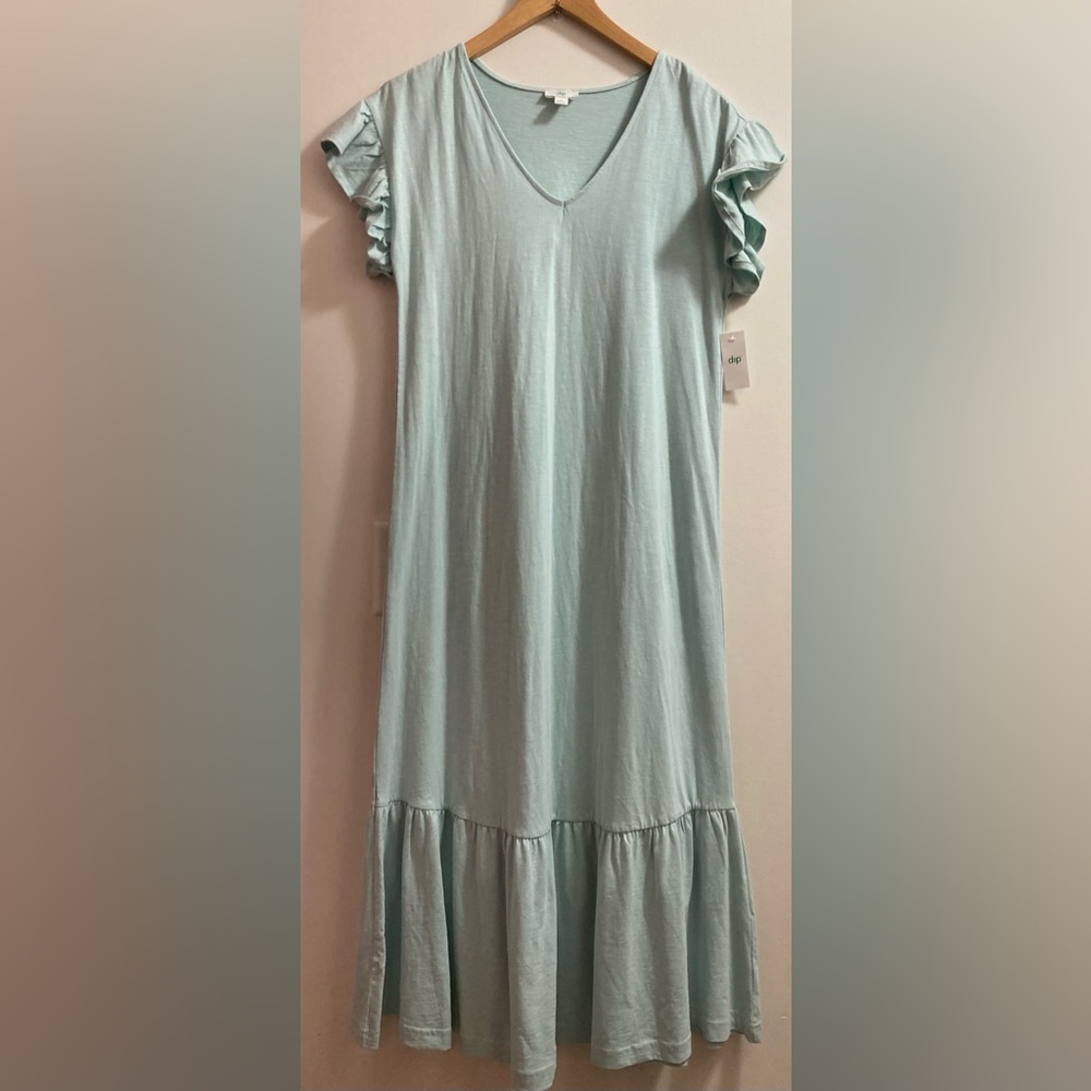 Cotton dress New dip Mint Green Midi Dress with Ruffle Sleeves Ruffle Hem